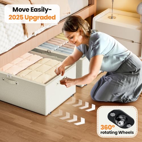 Dayacoco Under Bed Storage With Wheels,10 Inches Under Bed Storage Containers,65L Large Capacity,No Assembly Required Rolling Under Bed Storage for Clothes,Blankets,Shoes,Beige - size: 10.1 inch height-beige