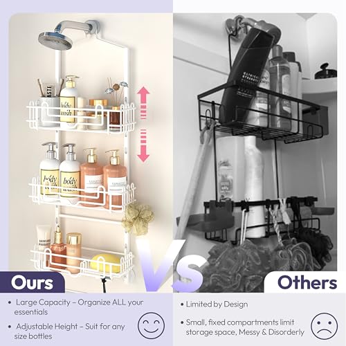 SWTYMIKI Shower Caddy Hanging Organizer - 3-Tier Rustproof Shower Organizer Over Showerhead with Adjustable Baskets, 24 Hooks, Soap & Razor Holder - No Drill Large Bathroom Storage Rack, White - color: White