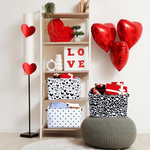 Geelin 3 Pcs Valentines Baskets Storage Valentine's Day Basket for Gifts Collapsible Waterproof Canvas Black and White Heart Storage Bin Organizer with Handles for Book Closet Shelf Nursery Decor - style: Valentines Black and White