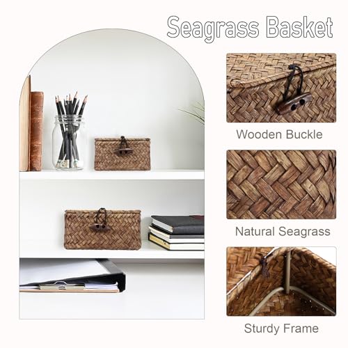 Hipiwe Mini Seagrass Basket with Lid Wicker Storage Basket Small Handwoven Multipurpose Desktop Baskets Home Decor, 4.3"L x 2.5"W x 2.1"H - color: Coffee color, size: 4.3" x 2.5" x 2.1"