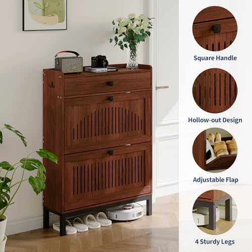 2-Door Flip Front Shoe Cabinet with Adjustable Shelves – Hidden Entryway Storage Organizer for Hallway, Foyer, Living Room – Freestanding Wooden Shoe Rack with Large Capacity & Modern Design, Walnut - color: Walnut, size: 9.45"D x 31.4"W x 43.4"H