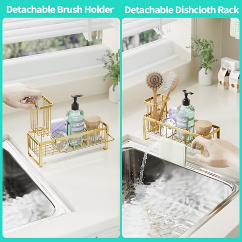 HapiRm Sponge Holder for Kitchen Sink - Self-draining Sink Caddy with Brush Holder and Dishcloth Holder, Stainless Steel Kitchen Organizer for Countertop - Gold - color: Gold, size: with Dishcloth Holder
