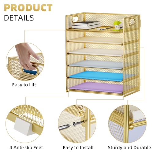 Marbrasse Paper Letter Tray Organizer - 6 Tier Mesh File Organizer with Handle, Paper Sorter Organizer for Letter/A4 Office File Folder Holder - Gold - color: Gold