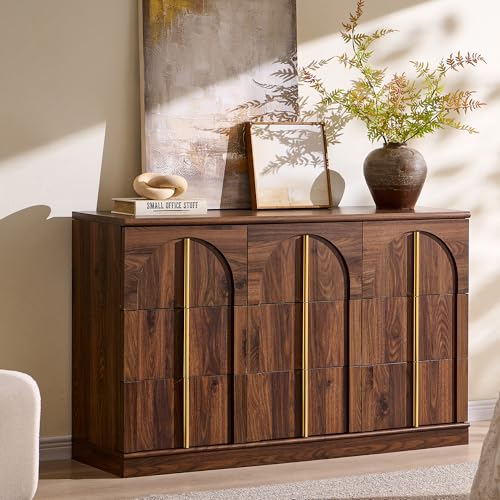 ACCOHOHO Arched Dresser for Bedroom with 9 Drawers, 52" Wide Modern Chest of Drawers with Rounded Edge & Metal Handles, Wood Storage Closet Dressers TV Stand for Living Room, Hallway, Brown - color: Brown, size: 15.6"D x 52"W x 32"H (9 Drawers)