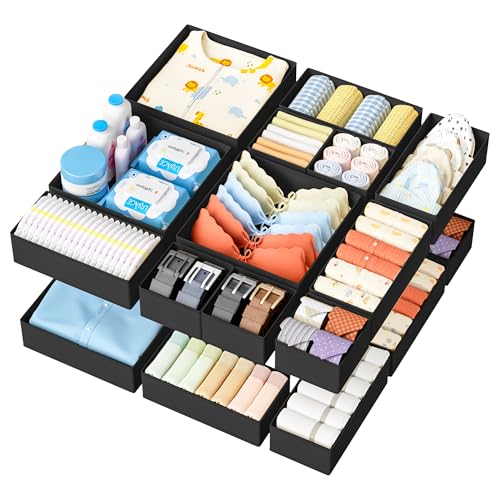 DIMJ Drawer Organizer Clothes - 18 Pack Closet Drawer Organizer Bins for Baby Clothes Storage, Fabric Dresser Organizer for Nursery Bedroom, Foldable Small Drawer Dividers for Underwear Socks - color: Black, size: 18 Pack