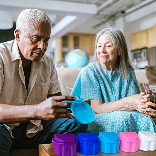 Keedolla 2 Pack Cute Denture Cups Denture Bath Container for Soaking False Teeth, Denture Storage Container Soaking Bath Case with 2 Brush - Blue and White - color: Blue & White