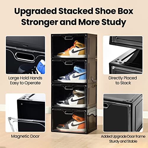 Amllas 8 Pack Shoe Boxes Black Plastic Stackable, Large Shoe Storage Organizer,Drop Side Front Shoe Containers for Entryway,Sneaker Storage Fit up to US Size 13 for Men/Women(13’’x 10.6”x 8.3”) - color: Black