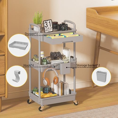 3 Tier Rolling Utility Cart with Drawer, Plastic Storage Organizer Rolling Carts with Wheels Handles Hanging Cups Hooks for Office, Bathroom, Kitchen,Craft Art Room (Grey) - color: Gray, size: 3-Tier