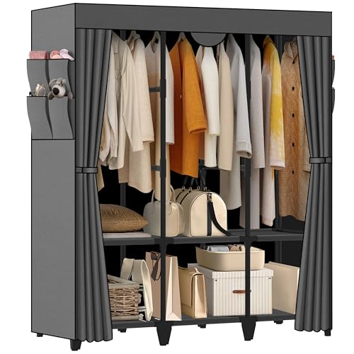 Wardrobe Closet, Quick and Easy Assembly, Gray Large Capacity Portable Closet with 3 Hanging Rods 6 Storage Shelves and 8 Side Pockets, Clothes Rack with Cover, for Bedroom and Living Room - color: Grey, size: 50 Inch