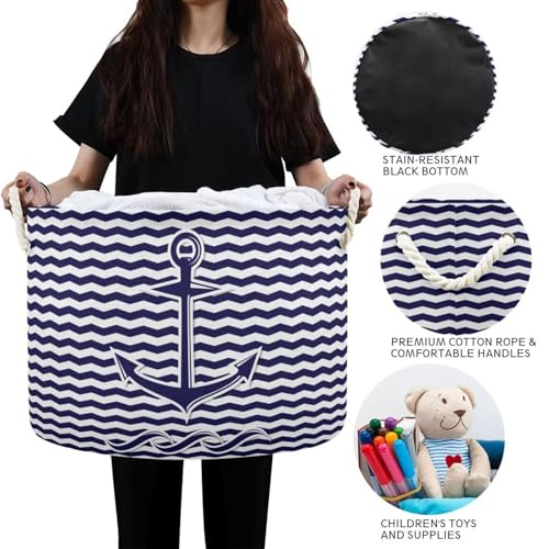 Blue Nautical Anchors Print Round Storage Basket Marine Anchor Waves Stripes 20" x 20" x 14" Laundry Hamper Large Organizer Bin with Handles Clothes Storage Bag for Nursery Bedroom Living Room Decor - color: Blue