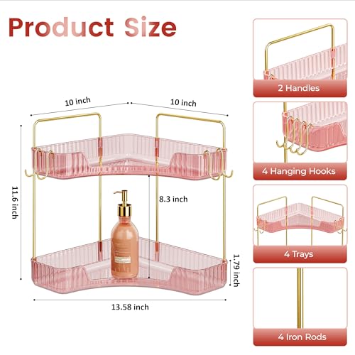 Delicate Pink 2-Tier Corner Counter Organizer with Expandable Hooks | Bathroom, Kitchen & Vanity Storage for PET Makeup, Skincare & Jewelry - color: Pink, size: 2 Tier