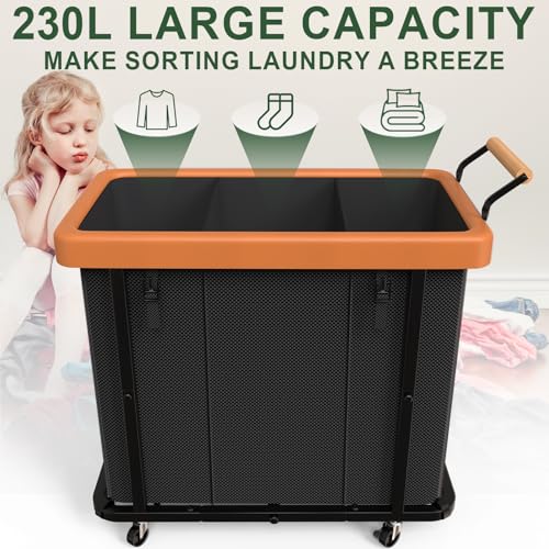 230L (60 Gal) Extra Large Fashion Laundry Sorter 3 Section with Lid, Rolling Laundry Basket Hamper with Handle, Laundry Organizer Storage Cart with Sturdy Metal Frame for Laundry Room, Hotel, Black - color: Black-3 Setion, size: 230L
