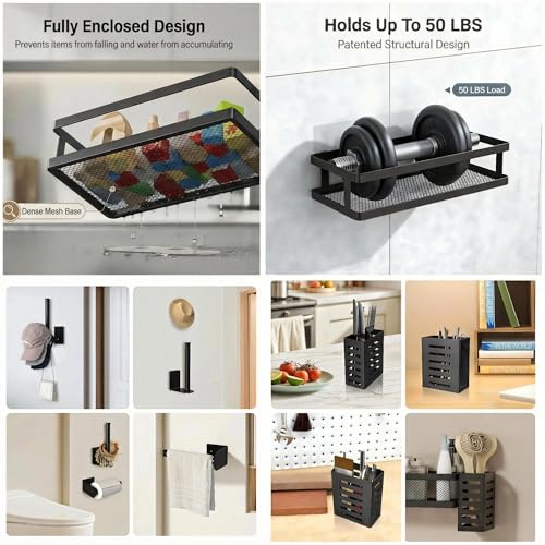 PUSDON 5-in-1 Shower Caddy & Kitchen Organizer Set, Wall Mount Wide Spice Rack with Paper Towel Holder, Utensil Holder, Soap Dish, Rustproof Mesh Baskets Hold 50LBS - Matte Black, Guardrail - color: Matte Black, size: 5-in-1 Minimalist (12.6" Wide)