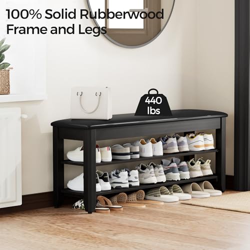 Homleke Shoe Rack Bench with Flip-Top Storage, Solid Wood Entryway Bench with Cushion, Adjustable Shelf, for Hallway, Mudroom, Closet – Black, 39.4" - color: Black, size: 39.4"