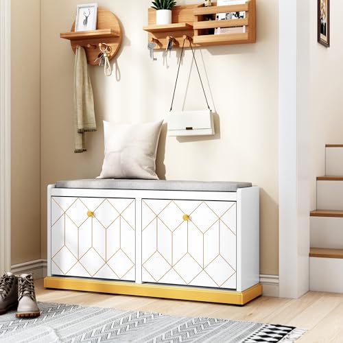 HLR Shoe Bench with Storage, Modern Entryway Bench with 2 Flip Drawer & Padded Cushion Seat, Shoes Storage Bench for Hallway, Closet, Living Room, White Shoe Storage Cabinet with Bench - color: White