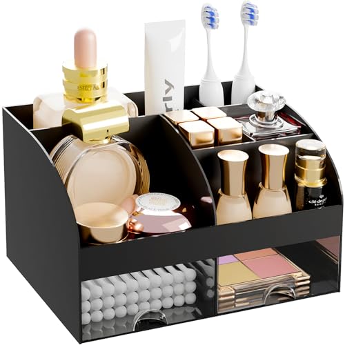 Makeup Organizer with 2 Drawers, Cosmetic Storage for Dresser Vanity and Bathroom Countertop,Make up organization and Skincare Storage with Beauty Brush Holder, Cosmetic Display Case (Black) - color: Black