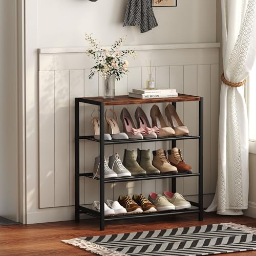 Yusong Shoe Rack Organizer, 4 Tier Industrial Shoe Storage Shelf, Narrow Sturdy Metal Shoe Shelves for Closet Entryway, Rustic Brown - color: Rustic Brown, size: 4 Tier
