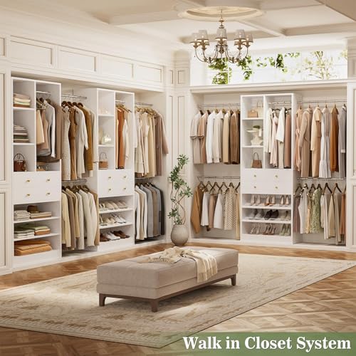 Besiost Closet System, Up to 134"/11.2 FT Closet Organizer with 4 Wooden Drawers and Shelves, Walk-in Closet System with 6 Hanging Rods, Built-in Closet Can Fit 96"/8FT, 120"/10FT, White - color: White, size: Style A: 77.6"—134"(W)