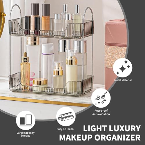 YCIA&DONE Bathroom Organizer Countertop, Makeup Storage, Skincare Cosmetic Tray Shelf, Perfume Holder Rack for Vanity Counter, Large Capacity, Easy to Install, Clean, 2 Tiers, Smoky Gray - color: Smoky Gray, size: 2-Tier