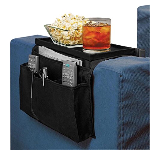 Couch Sofa Armrest Organiser with Cup Holder Tray Chair TV Remote Holder Bedside Storage Pocket Bag for Cellphone Tablet Notepad Book Magazines DVD Eyewears Drinker Snacks Holder Pouch - color: Black (with top tray)