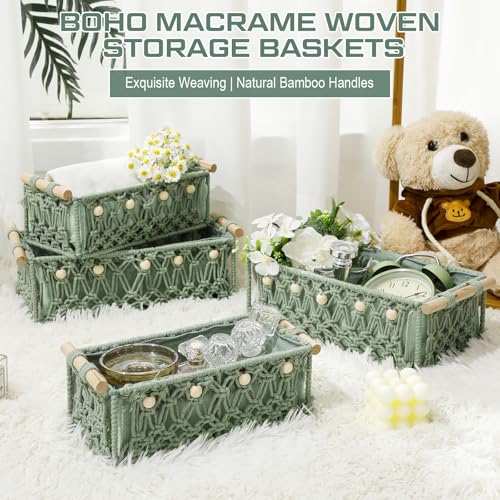 Vesici 4 Pcs Green Macrame Storage Basket for Shelves 13 in 11 in Boho Storage Basket Hand Woven Boxes with Wood Handles Beads Decorative Countertop Toilet Tank Cabinet Organizer for Home Room Decor - color: Green