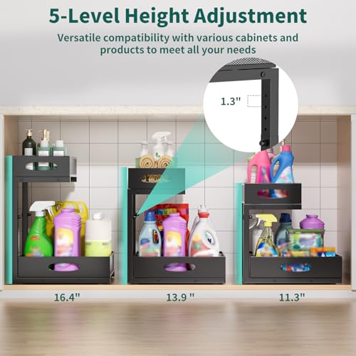 Under Sink Organizer, Extra-Wide Upgrade, 2-Pack of 2-Tier Metal Slide Out Cabinet Organizer, Height Adjustable Organization and Storage Series, Bathroom/Cabinet/Kitchen organization, Black - color: Black - Double Pack, size: Wide Upgraded Version