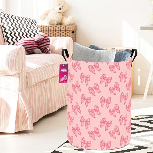 Laundry Hamper Large Canvas Fabric Lightweight Storage Basket/Toy Organizer/Dirty Clothes Collapsible Waterproof for College Dorms, Boys and Girls Bedroom,Bathroom(Pink bowknots) - color: Pink bowknots