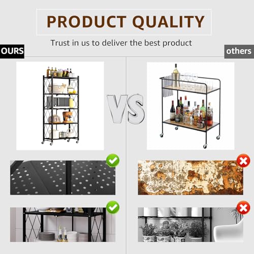 Heavy Duty 5-Tier Foldable Storage Shelf with Locking Wheels, No Assembly Metal Shelving Unit, Space-Saving Organizer for Garage, Kitchen, Basement, Pantry, 28" x 14" x 62", Black (1)