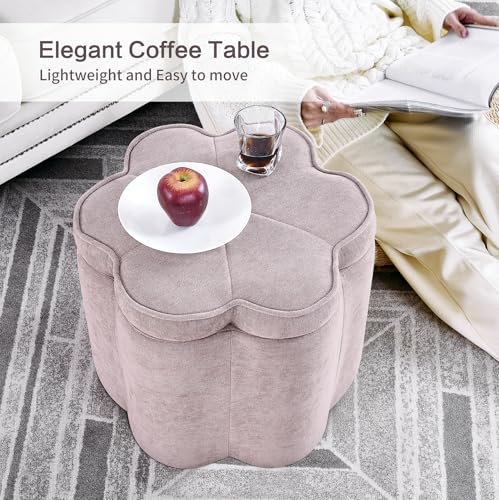 Small Pink Storage Ottoman, Flower Shape Chenille Ottoman Pouf, 19.5''x19.5''x14.5''H Seating Foot Rest, Holds 300 LBS, Pink Pouf Ottoman for Bedroom Living Room Entryway Home Decor - color: Sandy Pink