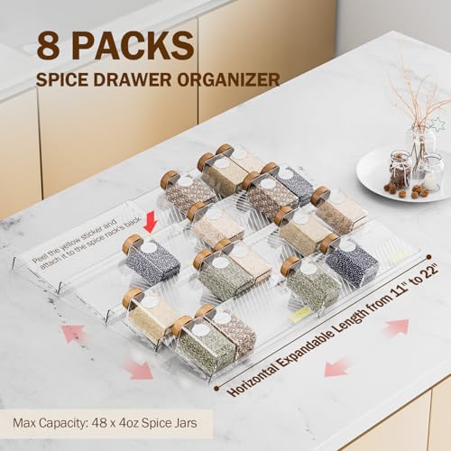 PanPanPal Spice Drawer Organizer, 8 Pack Clear Seasoning Organizer Rack, Expandable From 11" to 22" Wide Kitchen Spice Rack Organizers for Drawer, Countertop (Jars Not Included) - color: Clear, size: 8 Packs - 1 Tier