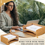 Yeaqee 2 Pcs Paper Tray Organizer for Desk Woven Letter File Organizer A4 File Tray Desk Paper Basket Letter Size Imitation Rattan Holder Organization Rack for Office Storage(Brown,Wheat Ear Pattern) - style: Wheat Stripes