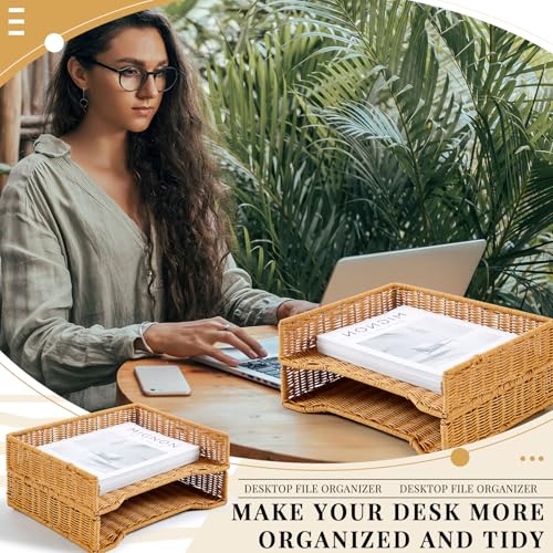 Yeaqee 2 Pcs Paper Tray Organizer for Desk Woven Letter File Organizer A4 File Tray Desk Paper Basket Letter Size Imitation Rattan Holder Organization Rack for Office Storage(Brown,Wheat Ear Pattern) - style: Wheat Stripes