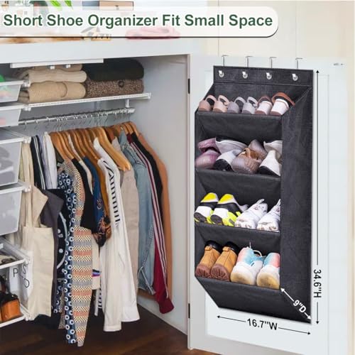 SLEEPING LAMB Over the Door Shoe Rack for Closet, Short Hanging Shoe Organizer with Large Deep Pockets, Narrow Door Sneaker Storage for Boots in RV, Dorm, Black - color: Black, size: 34.6''