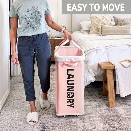 Goodpick Pink Laundry Baskets with Wheels 2-Pack, 75L Rolling Laundry Basket with Removable Wash Bags, Large Laundry Hamper for Corner Dorm, Collapsible Laundry Basket on Wheels - color: Pink 2-Pack