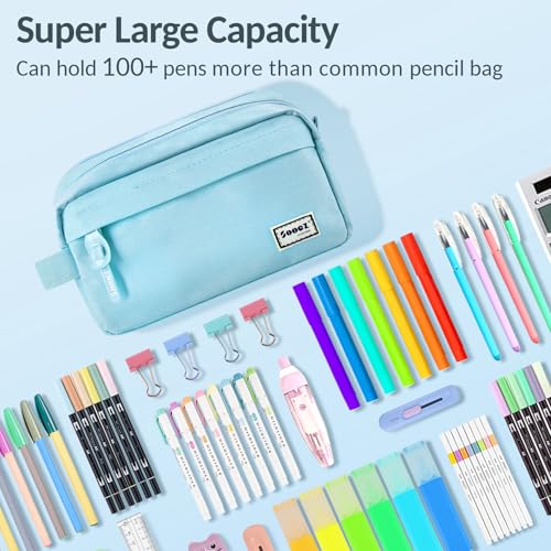 Sooez Original High Capacity Pencil Case, Big Pencil Bag Pouch Box Organizer Pen Case, Aesthetic Supply for Girls Adults, Portable Journaling Supplies with Easy Grip Handle & Loop, Blue - color: Light Blue