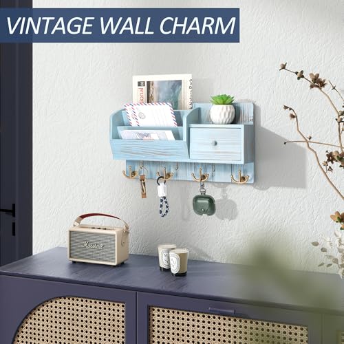 Rebee Vision Key Holder Wall Mount with Mail Sorter - Decorative Mail and Key Organizer for Wall with Hooks and Drawer Organizer - Ideal Storage Solution for Home Improvement (Distressed Blue) - color: Distressed Black