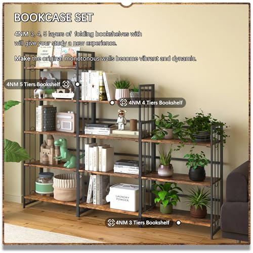 4NM No Assembly 5 Tiers Folding Bookshelf, 59.4" H Foldable Storage Shelves Vintage Bookcase Standing Racks Study Organizer Home Office - Rustic Brown Black - color: Rustic Brown Black, size: 5-Tier