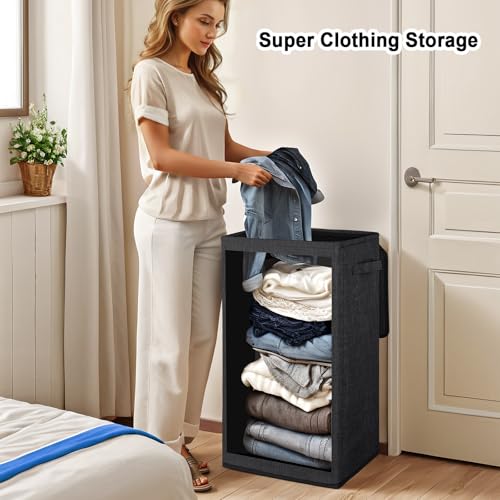 Odonata 75L Slim Laundry Hamper with Lid,Large Foldable Laundry Basket with Removable Bag and Handles Tall Collapsible Dirty Clothes Basket Great for Bedroom, Bathroom, Dorm, College,RV.(Black, 75L) - color: Black