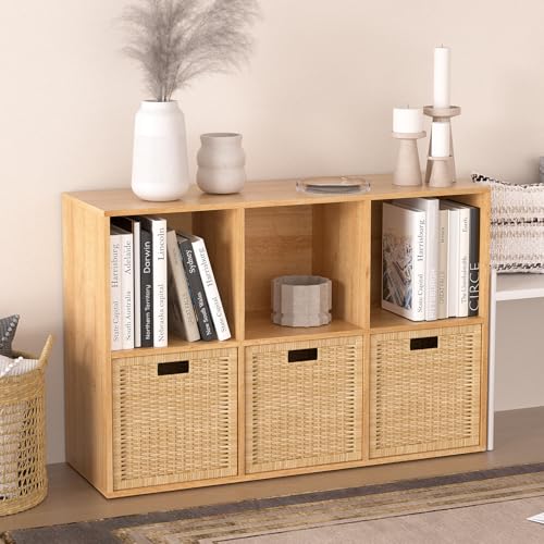 Wooden 6 Cube Storage Organizer with Closed Back Panel,White Cube Shelf Cubby Storage Organizers with Compartments for Living(Oak, 6 Cube-13in) - color: Oak, size: 6 Cube-13in