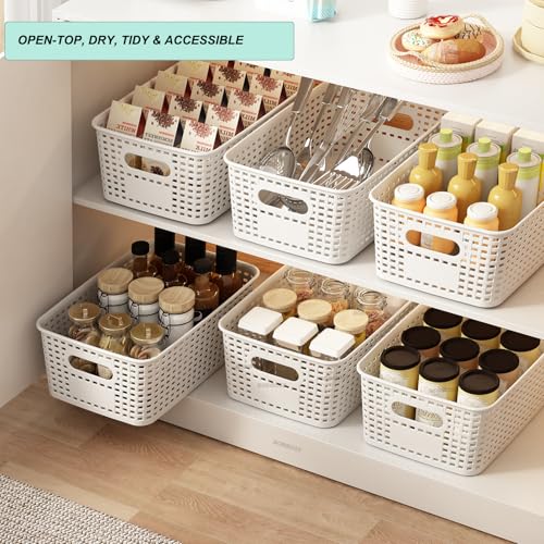 Plastic Storage Basket for Organizing 12 Pack Small Storage Bins Container for Shelves, White Shelf Baskets with Handles for Organization - color: White
