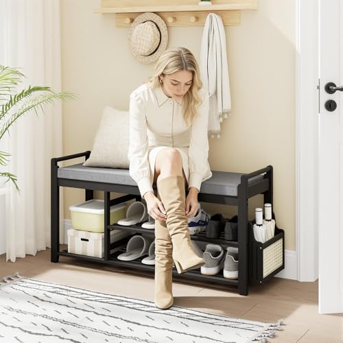 Homaxy 2-Tier Shoe Rack Bench with Side Holder, 39.4 in Bamboo Entryway Bench, Shoe Rack Organizer with Cushion for Front Entrance, Hallway Living Room Bedroom, Black and Dark Grey - color: Black and Dark Grey, size: 39.4 in