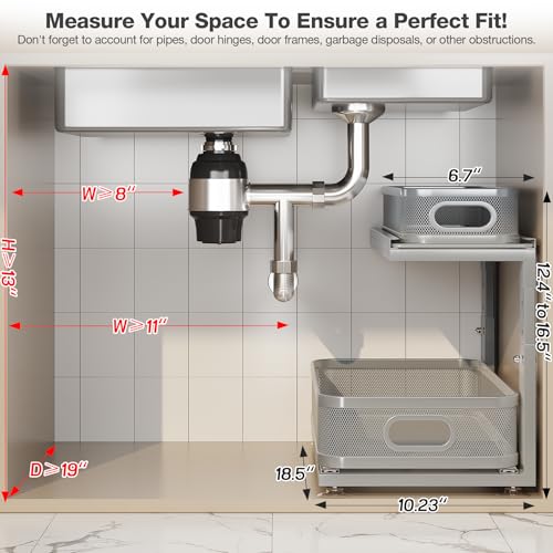 2 Pack 18.5IN-Depth Under Sink Organizer With Next-Gen Ball-Bearing Slides,2-Tier Precision Mesh Pull Out Cabinet Storage for Bathroom&Kitchen,Height Adjustable Drawers Shelf,Anti-rust-Grey - color: Gun Gray, size: 2 Pack-18.5"Dx12.4"-16.5"H
