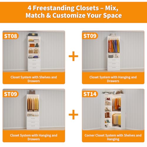 Closet System with 4 Sets, 8.5FT-21.5FT Corner Closet Organizer System with 9 Drawers & 12 Shelves & 8 Hanging Rods, L-Shaped Modular Closet System adjustable for Freestanding or Walk-in Closet, White