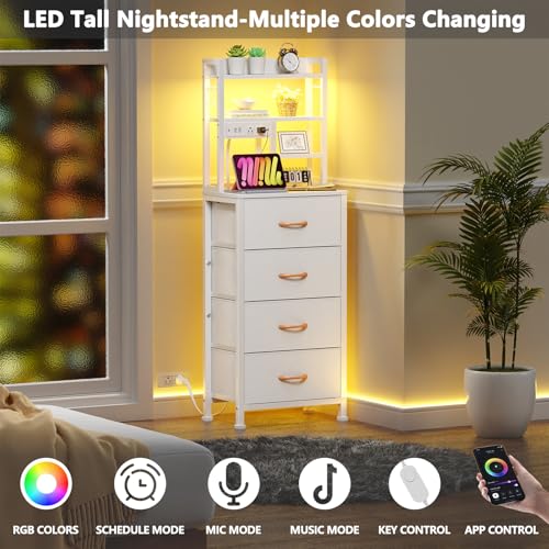 Furnulem Tall Night Stand, 52.1 Inch LED Nightstand with Charging Station and USB Ports, 4 PVC Fabric Drawers and 4 Tier Storage Shelf, Bedside Table for Bedroom, Dorm, Office (White) - color: White, size: 4 Drawer