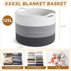 XXXXL 125L Extra Large Blanket Basket, 23.6" x 16.9" Jumbo Woven Cotton Rope Storage Basket with Handles, Laundry Hamper, Toy Storage for Living & Play Room(White, Light Gray & Dark Gray) - color: White, Light Gray & Dark Gray