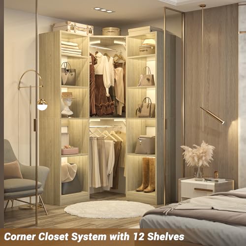 Besiost Corner Closet System with 12 Shelves, 39.2" Corner Closet Organizer System with 2 Hanging Rods, Versatile 6-Tier Walk-in Closets for Corner Space, White Oak (39.2" L x 39.2" W x 80" H) - color: White Oak, size: 39.2" - Without Lights