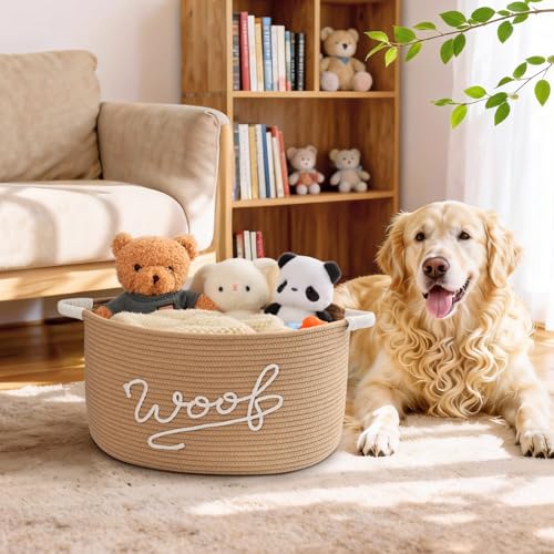 Woof Dog Toy Basket, Large Dog Toy Storage Bin with Durable Handles, Woven Dog Basket for Blankets, Toys, Chews, Pet Toy Storage Box for Nursery, Living Room, Bedroom, 17”x12”x9, Beige - color: Beige