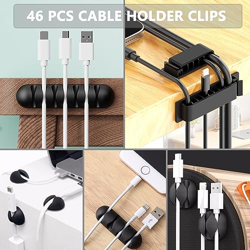 ELII 300PCS Cable Management Kit,4 Cable Sleeve 35 Cable Clips with 11Cord Holders,20 Roll Cable Organizer Straps and 200 Fastening Cable Ties,20 Cable Zip Tie Mounts for Computer TV Under Desk - color: Black
