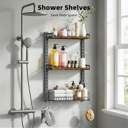 Kalrin 3 Tier Bathroom Shelves Over Toilet - Wall Mounted Floating Shelves with Drain Basket, Toilet Paper Storage, Height Adjustable Over The Toilet Storage, Vintage Brown - color: Brown
