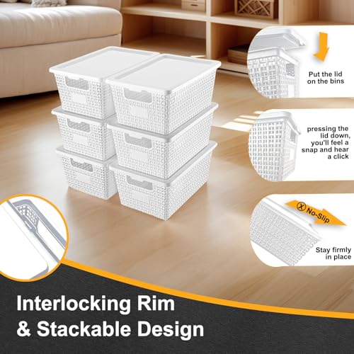 Plastic Storage Baskets with Lids [6-Pack] – Stackable Organizing Bins with Secure Snap-On Lids for Pantry, Bathroom & Closet | 11"x7"x5" Bins Hold 25lbs, Dustproof & Water-Resistant, White - color: White
